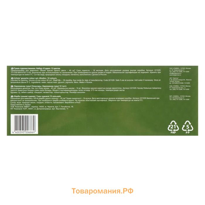 Гуашь художественная набор 12 цветов х 40 мл, Гамма "СТУДИЯ", 221029