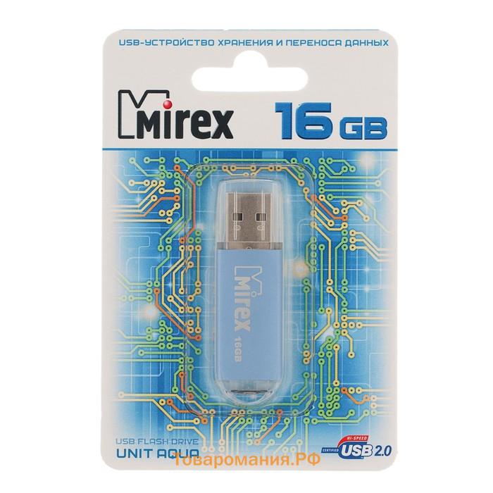 Флешка Mirex UNIT AQUA, 16 Гб, USB2.0, чт до 25 Мб/с, зап до 15 Мб/с, синяя