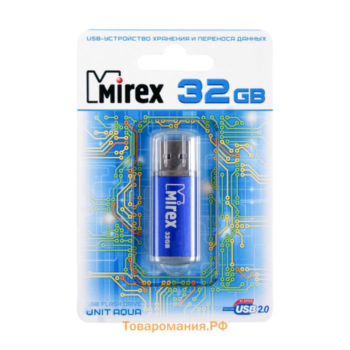 Флешка Mirex UNIT AQUA, 32 Гб, USB2.0, чт до 25 Мб/с, зап до 15 Мб/с, синяя