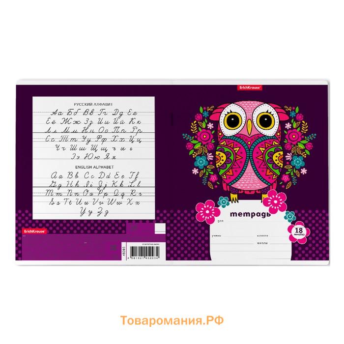 Тетрадь 18 листов в линейку, ErichKrause Folk Owl, обложка мелованный картон, блок осфет 100% белизна, с принтом