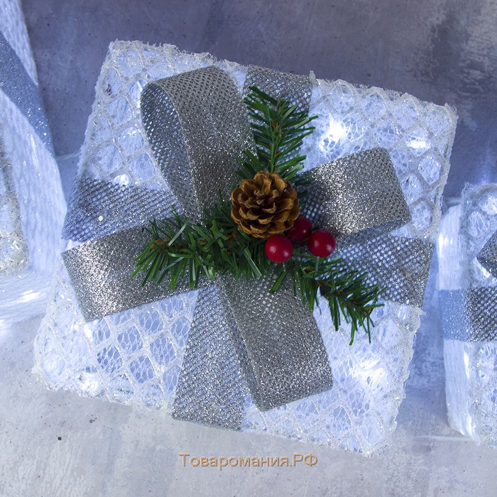 Светодиодная фигура «Подарки с серой лентой» 15, 20, 25 см, текстиль, металл, 220 В, свечение белое
