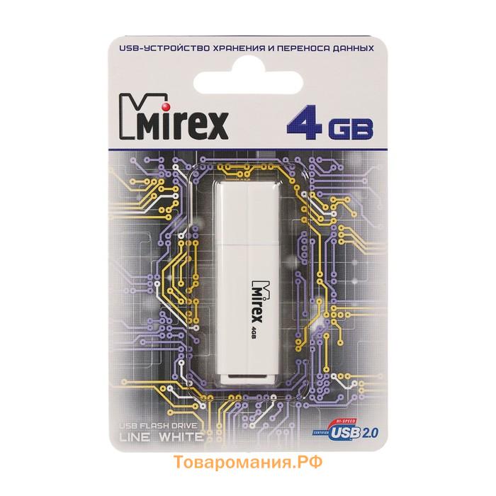 Флешка Mirex LINE WHITE, 4 Гб, USB2.0, чт до 25 Мб/с, зап до 15 Мб/с, белая