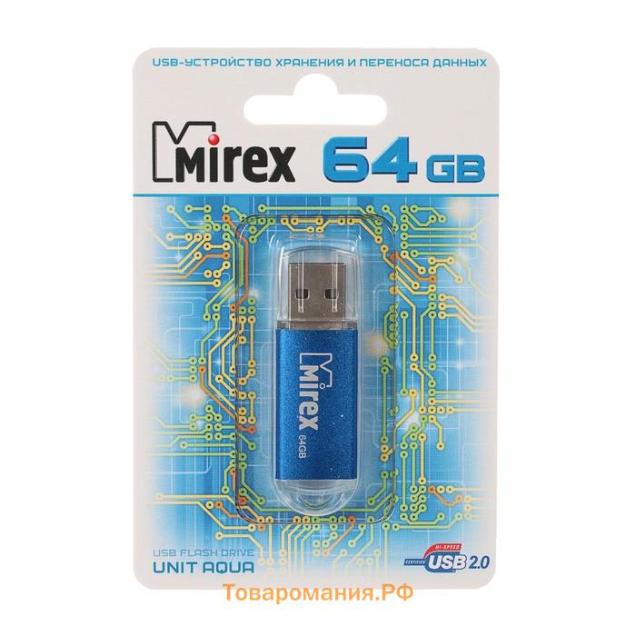 Флешка Mirex UNIT AQUA, 64 Гб, USB2.0, чт до 25 Мб/с, зап до 15 Мб/с, синяя