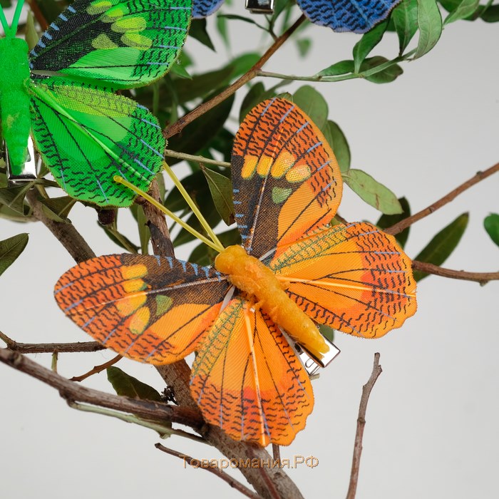 Бабочка для декора и флористики, на прищепке, пластиковая, микс, 1 шт., 8 см