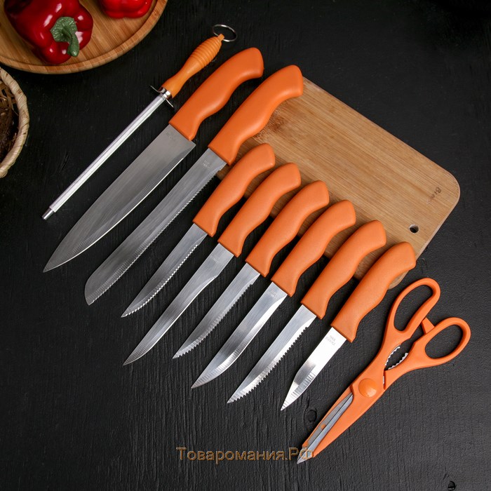 Набор ножей кухонных на подставке, 8 ножей, ножеточка, ножницы, цвет оранжевый