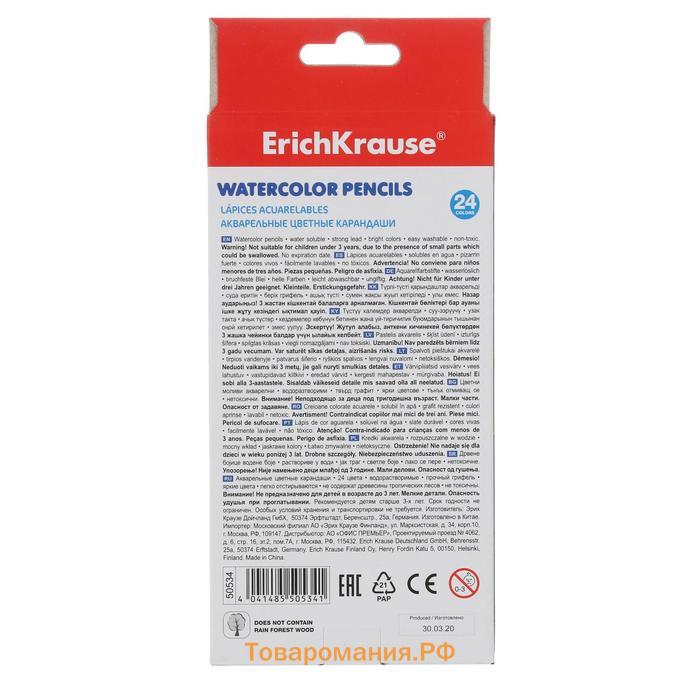 Карандаши акварельные 24 цвета ErichKrause, шестигранные, с кисточкой