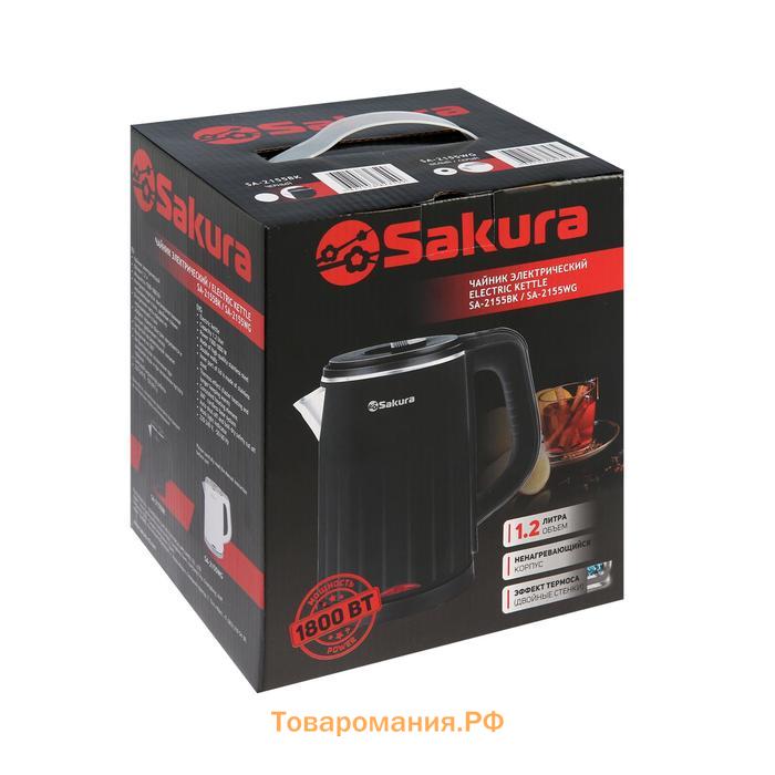 Чайник электрический Sakura SA-2155WG, пластик, колба металл, 1.2 л, 1500-1800 Вт, белый