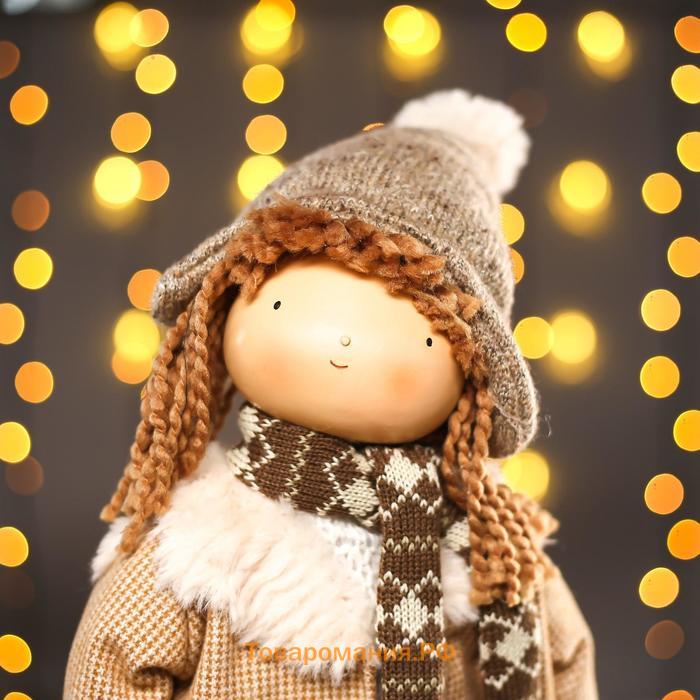 Кукла интерьерная "Девочка с косичками в пальто с мехом" 48,5х12х23,5 см