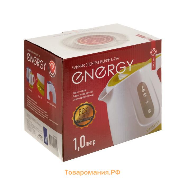 Чайник электрический ENERGY E-234, пластик, 1 л, 1100 Вт, бело-синий