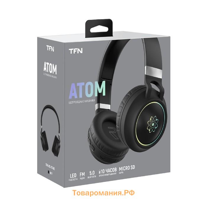 Наушники TFN Atom, беспроводные,BT 5.0, накладные, микрофон, FM, microSD, 300мАч, подсветка, черные