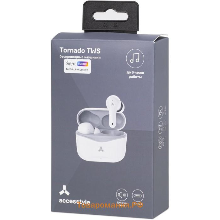 Наушники Accesstyle Tornado TWS, беспроводные, вакуумные, BT 5.1, до 6 часов, Type-C, белые