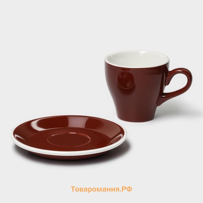 Кофейная пара фарфоровая Magistro Coffee time, 2 предмета: чашка 280 мл, блюдце d=15,5 см, цвет коричневый