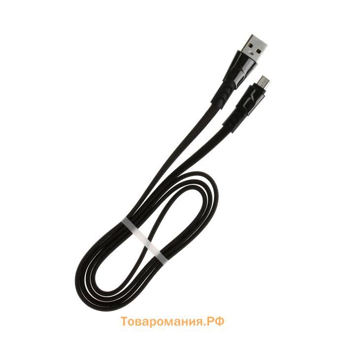 Кабель MicroUSB - USB, 2.4 А, оплётка ткань, плоский, 1 метр, чёрный