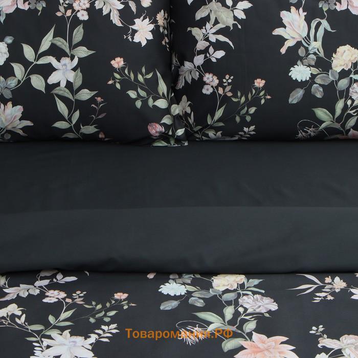 Постельное бельё  дуэт Black flowers, 143х215 см-2 шт, 214х240 см, 50х70 см-2шт, мако-сатин114г/м2