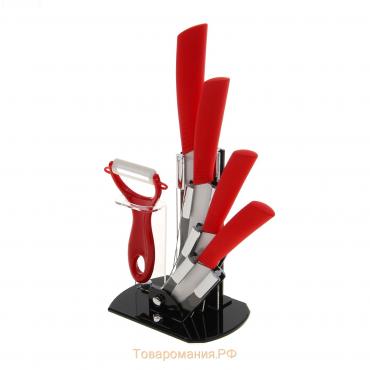 Набор кухонный на подставке «Симпл», 5 предметов: ножи 7,5 см, 10,5 см, 13 см, 15 см, овощечистка, цвет красный