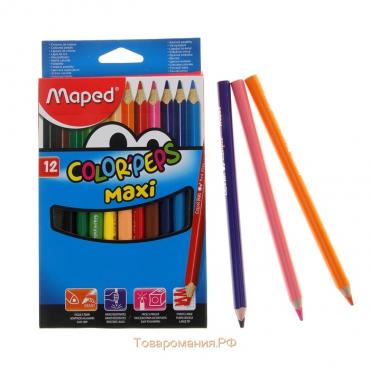 Карандаши трёхгранные, 12 цветов, Maped Color Peps Maxi, утолщённые, европодвес