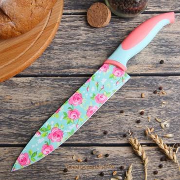 Нож кухонный кухонный с антиналипающим покрытием «Цветочки», лезвие 20 см