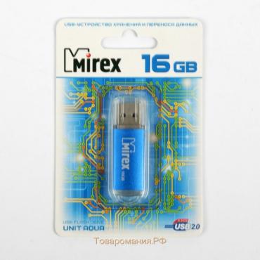 Флешка Mirex UNIT AQUA, 16 Гб, USB2.0, чт до 25 Мб/с, зап до 15 Мб/с, синяя