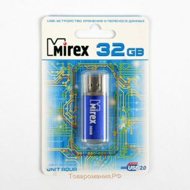 Флешка Mirex UNIT AQUA, 32 Гб, USB2.0, чт до 25 Мб/с, зап до 15 Мб/с, синяя