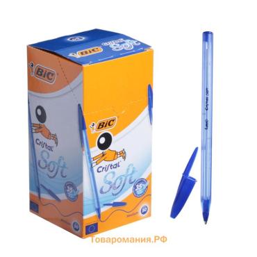 Ручка шариковая, чернила синие, BIC Cristal Soft, узел 1.2 мм, мягкое экономичное широкое письмо, прозрачный тонированный корпус