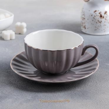 Чайная пара фарфоровая «Вивьен», 2 предмета: чашка 200 мл, блюдце d=15 см, цвет серый