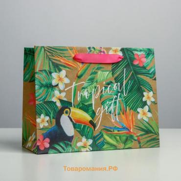 Пакет подарочный крафтовый горизонтальный, упаковка, «Tropical gift», 23 х 18 х 10 см