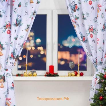 Новый год. Комплект штор для кухни с подхватами   "Christmas wreaths"  145х180см-2 шт., габардин