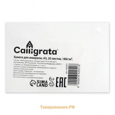 Рисовальная бумага А5, 20 листов Calligrata, блок 180 г/м2, для акварели