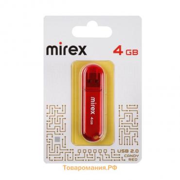 Флешка Mirex CANDY RED, 4 Гб ,USB2.0, чт до 25 Мб/с, зап до 15 Мб/с, красная