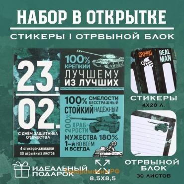 Подарочный набор в открытке «23 февраля», стикеры 4х20 л, отрывной блок 30 л