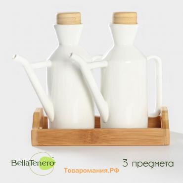 Ёмкости для соусов фарфоровые на подставке из бамбука BellaTenero, 3 предмета: 2 соусника 420 мл, подставка 17×7,2×17 см, цвет белый