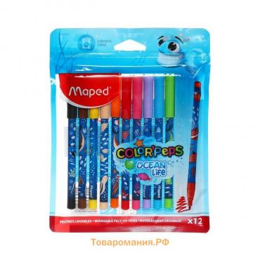 Фломастеры 12 цветов Maped COLOR'PEPS OCEAN LIFE, суперсмываемые, декорированные, европодвес