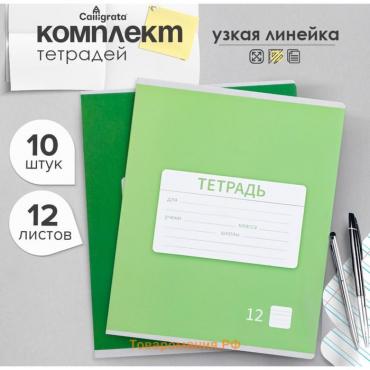 Комплект тетрадей из 10 штук, 12 листов в узкую линию Calligrata "Однотонная Новая школьная. Эконом", обложка мелованная бумага, ВД-лак, блок №2, белизна 75% (серые листы), 5 видов по 2 штуки